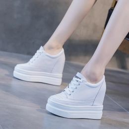 Boots Women Autumn Leather 11cm Hidden Wedge Sneakers Platform Shoes High Heels Sneakers Female Casual Footwear White Woman Trainers