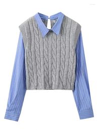 Women's Knits Korean Contrast Sweater Women 2024 Colleaction Fashion Knit Vest Patchwork Tops Shirt Slim Belt Striped INKEO 3T216