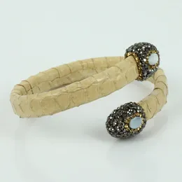Bangle Handmade Jewelry Copper Alloy Metal Beige Yellow Real Leather Pave Rhinestone Shell Charms Adjustable Open Bracelet &