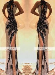 2020 Sexy Halter Lace Beading Mermaid Prom Dresses High Neck Front Split Black Applique Evening Gowns Special Occasion3475297