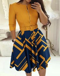 Casual Dresses Women Commuter Dress 2024 Early Spring Latest Round Neck Geometric Print Colorblock Zipper Ruched Design A Line With Belt