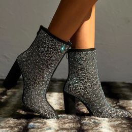 Boots Comemore 2022 Fashion Sexy Luxury Banquet Pointed Women's Boots Thick Square Heels Shiny Rhinestones Nightclub High Heel Boots