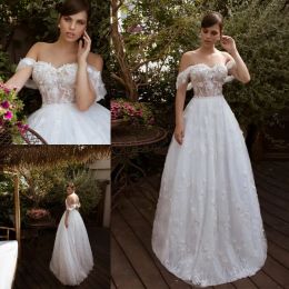 off shoulder wedding dresses 3d flower lace appliques tulle bridal gowns girls illusion backless sweep train robes de