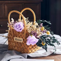 Aesthetic Quadrate Woven Basket Home Decor Classical Flower Interior Ornament Modern Picnic Sundries Storage Gift 240314