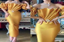 2021 Gold Evening Dresses Elegant Off the Shoulder Ruffles 12 Short Sleeves Mermaid Ankle Length Sash Crystals Custom Made Prom P8505414