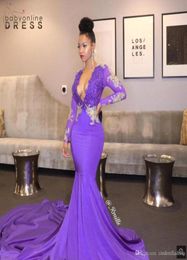 Gorgeous Purple Sexy Plunging V Neck Prom Dresses Mermaid Sheer Long Sleeve Appliqued Long Train Party Occasion Gowns Evening Dres3410711