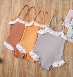 Baby Girls Swimsuit Kids Suspender Bikini OnePieces Child Falbala Ruffle Solid Swimwear Baby Summer Bathing Suit Fashion Beachwea4265822