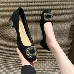 Dress Shoes 2024 Woman Square Toe Buckle Rhinestone Shallow Mouth High Heel Female Elegant French Suede