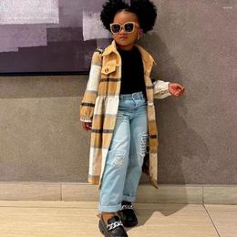 Jackets Spring Autumn Girls Lapel Patchwork Plaid Cardigans Overcoat Kids Casual Long Coat Jacket Children Clothing For 2-7 Years