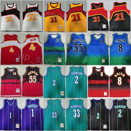 Retro Basketball Spud Webb Jerseys 4 Man Vintage Dikembe Mutombo 55 Steve Smith 8 Tyrone Muggsy Bogues 1 Larry Johnson 2 Alonzo Mourning 33 Shirt Throwback Sewn On