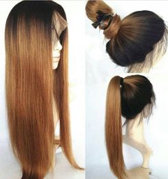 Fashion 150 Density Black Roots Ombre Blonde Long Straight Wig Can Wash Natural Ponytail Style Glueless Synthetic Lace Front Wigs4177174