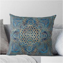 Cushion/Decorative Pillow Flower Of Life In Lotus Mandala - Blue Marble And Gold Throw Sofas Ers Er Drop Delivery Home Garden Textiles Otqmx