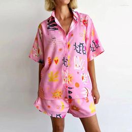 Women's Tracksuits Ladies Lapel Single Breasted Shirt With Shorts Suits Hawaii Vacation Loose 2pc Sets 2024 Summer Pattern Printed Beach