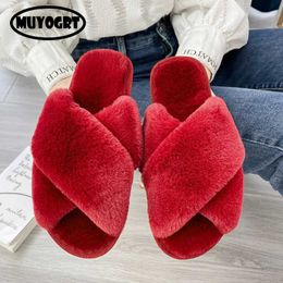 Slippers Women Fashion Warm Fluffy Cosy Faux Fur Cross Indoor Floor Slides Flat Soft Furry Ladies Female Red Flip Flops Fuzzy H240325