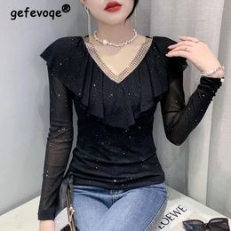 Women's T Shirts Spring Autumn Women Sexy See Through Mesh V Neck Ruffle Sequins Shirt Elegant Fashion Slim Tees Ladies Solid Long Sleeve