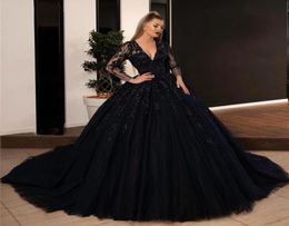 V Neck Black Tulle A Line Evening Dresses 2020 Long Sleeves Applique Lace Up Sexy Backless Vestidos De Novia Sweet 16 Prom Gowns4148180