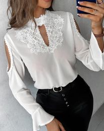 Women's T Shirts Casual Lace Blouse Women Clothing Spring Summer Keyhole Neck Crochet Long Sleeve Top Solid Slim Cutout