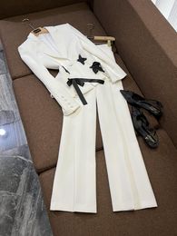 2024 Spring White Contrast Colour Two Piece Pants Sets Long Sleeve Notched-Lapel Ribbon Tie Bow Blazers Top + Wide Leg Trousers Pants Set Two Piece Suits O4M212788