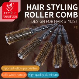 Tools Fenice Roll round comb hair brush bristle pig mane Brown wood handle For curly hair Round bristles tips