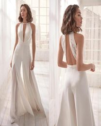 Beach White Jumpsuit Evenning Dresses Sexy Sleeveless Hollow Back Ruched Satin Party Wear Appliqued Lace In Stock Special Occasion6923888