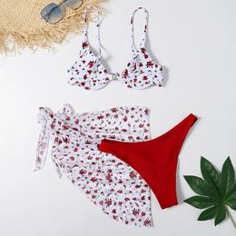 Women's Swimwear Three Piece Swimsuit Padded Bra Bikini Flower Print Cross Low Cut Beach Steel Support