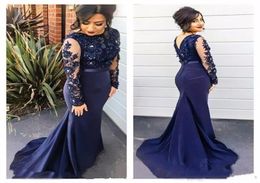 Elegant Navy Blue Mermaid Beaded Evening Dresses With Long Sleeves Jewel Neck Lace Appliqued Prom Gowns Satin Plus Size Formal Dre5277275
