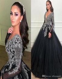 Sexy Ball Gown Evening Dresses Black VNeck Classical Long Sleeves Appliques Beads Top Prom Quinceanera Dresses Formal Party Pagea3231190