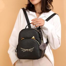 Women Rucksack Teenagers Backpack PU Leather School Bags for Girls Cartoon Cat Square Satchel Light Shoulder Bag Mochila Mujer213Q
