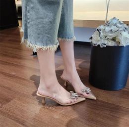 Dress Shoes 2024 Spring And Summer Pointy One-word Diamond-bow High Heels Transparent Glass Slipper Stiletto Sandals Women