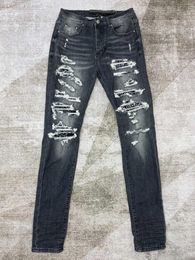 Men's Jeans AM 2024 Streetwear Fashion Brand Ripped Cashew Patchwork Design Slim Denim Trousers Hip Hop Style Male Pencil Pants