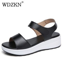Slippers WDZKN 2022 Women Wedges Sandals Genuine Leather Summer Casual Shoes Concise Peep Toe Ladies Platform Sandals Black White H050