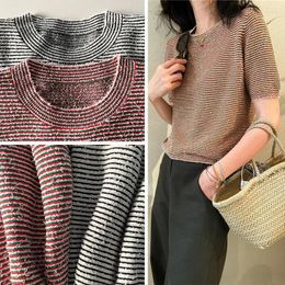 Women's T Shirts Knit T-shirt 2024 Summer Stripes O-Neck Casual Short Sleeve Tees