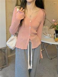 Women's Knits Cardigans Women Solid Knitwear Designed Aesthetic Slim V-neck Sweater Chic Sexy Ladies Elegant Korean Style Autumn All-match
