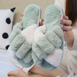 Slippers 2023 Winter House Furry Women Fluffy Fur Home Slides Cross Design Flat Indoor Floor Shoes Soft Sole Ladies Flip Flops01D1IT H240322