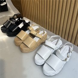 2024 high quality Thick Bottom Open Toe Sandals Slippers slingback metal buckle Genuine Leather Women Solid Color Platform shoes Ladies High Heel Outdoor Vacation