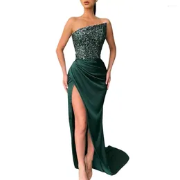 Casual Dresses Dress Shiny Sequin Slant Bandeau Collarless Off Shoulder High Split Hem Slim Fit Floor Length Ball Gown Party Wedding