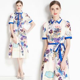 Women Boutique Printed Dress Summer Bow Dress Short Sleeve High-end Temperament Lady Dresses OL Runway Dresses