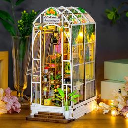 DIY Garden House Book Nook Shelf Insert Miniature Building Kits Wooden Flower Room Bookshelf with LED Lights DollHouse 240321