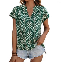 Women's Blouses Soft Stretchy Women Top Ethnic Style Printed V-neck Batwing Blouse For Loose Fit Stand Collar Pullover Tops With Short