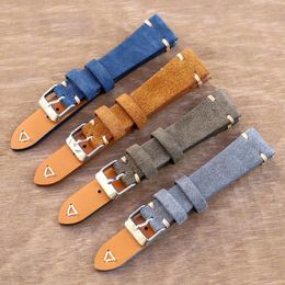 Watch Bands Soft Suede Leather Vintage Straps 20mm 22mm High Quality Blue Handmade Stitching Replacement Wristband303P