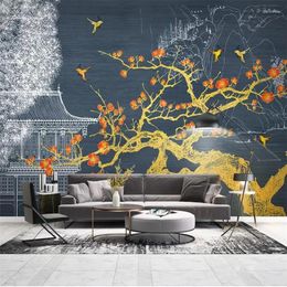 Wallpapers Diantu Custom Wallpaper Mural Chinese Gold Line Drawing Landscape Plum Blossom Country Tide Building TV Background Wall