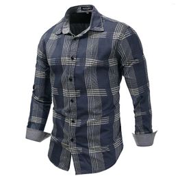Men's Casual Shirts Denim Shirt Plus Size Long-Sleeved Plaid Washed Colour Matching Loose For Male