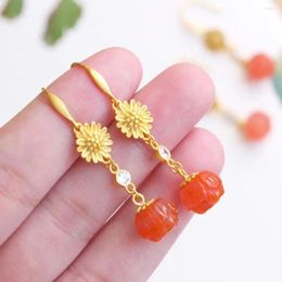 Dangle Earrings S925 Sterling Silver Gold-Plated Natural South Red Agate Elegant Women's High-Grade Special-Interest E