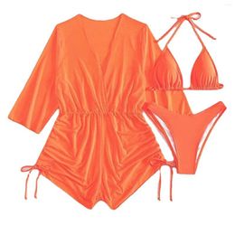 Women's Swimwear Lace-Up High Waist Sexy Three-Piece Bikini With Chest Pad Without Steel Bra Swimsuit Female Swimming Suits
