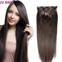 Extensions ZZHAIR Clips In 100% Human Hair Extensions 16"24" Machine Made Remy Hair 7Pcs Set 120g160g Full Head Straight Natural