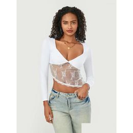 Womens T-Shirt T Shirts Women Y2K Lace Long Sleeve Top Y Mesh See Through Floral Slim Fit V Neck Cropped Going Out Streetwear Drop Del Otfzk