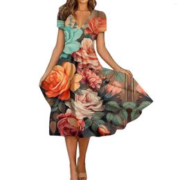 Casual Dresses Summer Vintage Floral Women Fashion Short Sleeve Holiday Sundress Female Midi Party Vestidos Clothes