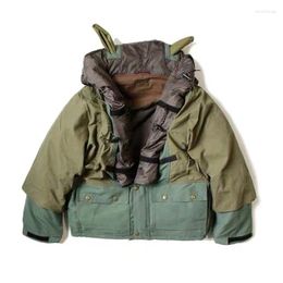 Men's Jackets KAPITAL Japan Loose Nylon Stitching Five Grid Pure Cotton Hooded Jacket Military Green Fashion Long Sleeve Casual Coat