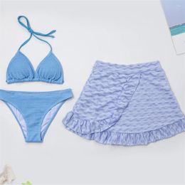 Women's Swimwear Vintage Blue Bikinis Set Sexy Halter String Swimsuit Wave Ruffles Skirt Thong 3-Pieces Women Bikini Beach Bathing Suit