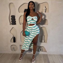 Work Dresses Knitted Striped Night Club Birthday Outfits Women Two Piece Skirt Set Strapless Crop Top And Mid-Calf Long Matching Sets